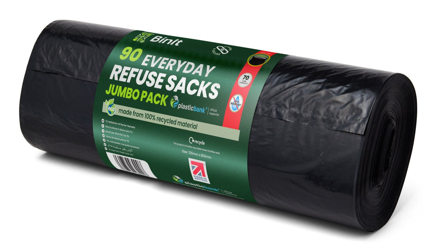 Black everyday refuse sacks, 70-litre capacity, roll of 90, strong and tear-resistant