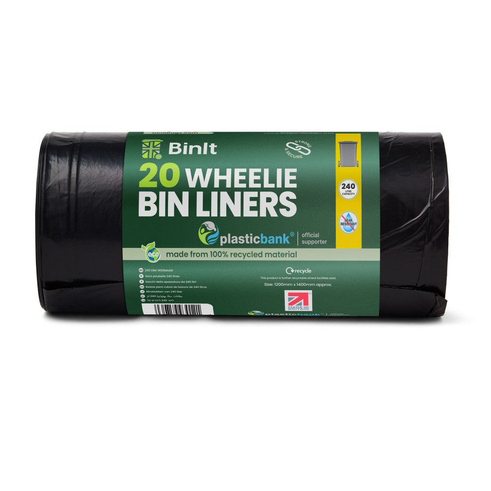 Collection of wheelie bin liners made from 100% recycled waste, produced in the UK, designed for 240 and 360-litre bins, featuring leak and tear-resistant materials