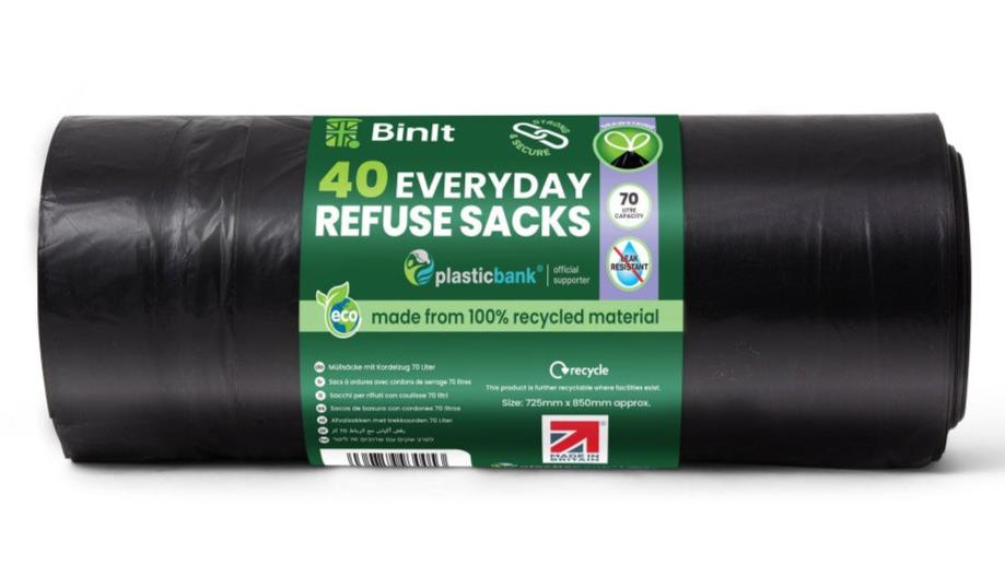 Black everyday refuse sacks, 70-litre capacity, roll of 40, strong and tear-resistant drawstring closure