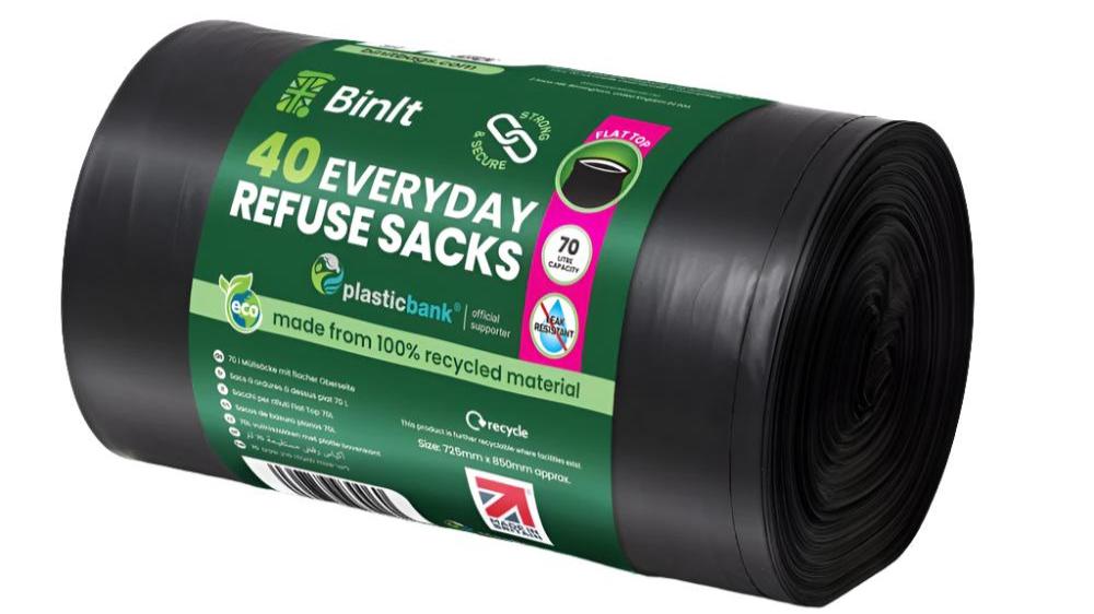 Black everyday refuse sacks, 70-litre capacity, roll of 40 or 90, strong and tear-resistant