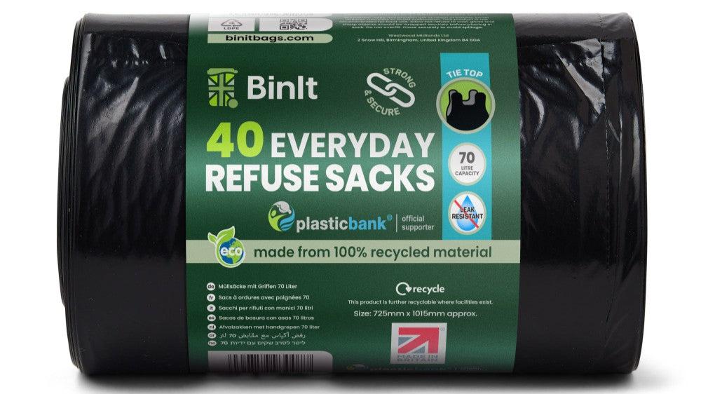 Black everyday refuse sacks, 70-litre capacity, roll of 40, strong and tear-resistant, tie top closure