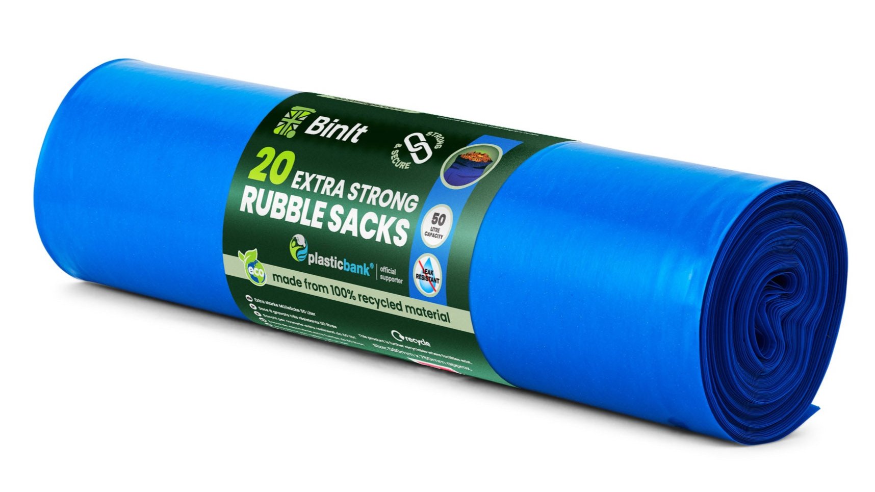 Blue extra strong rubble sacks, 50-litre capacity, supports over 80kg, roll of 20