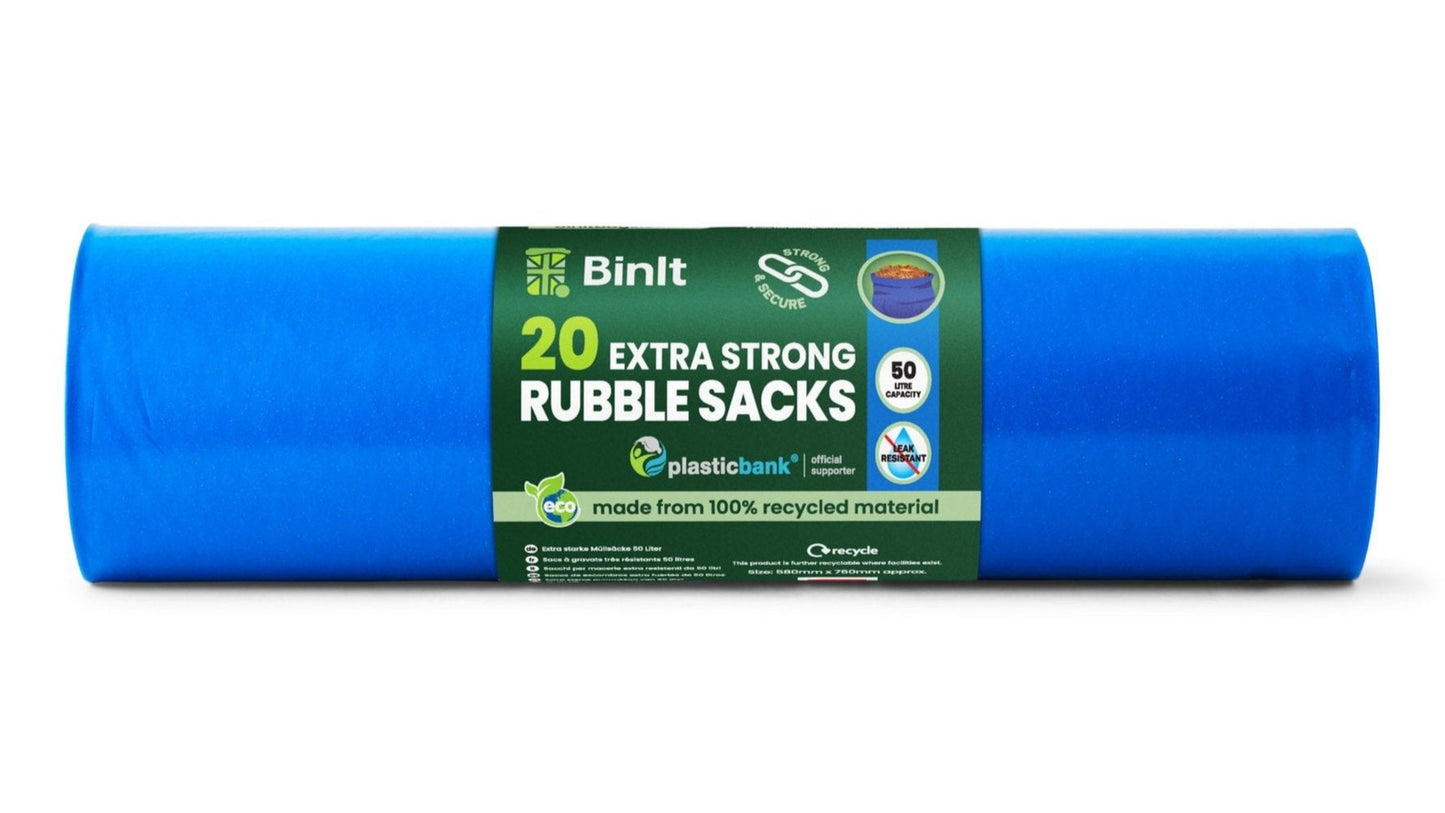 Blue extra strong rubble sacks, 50-litre capacity, supports over 80kg, roll of 20