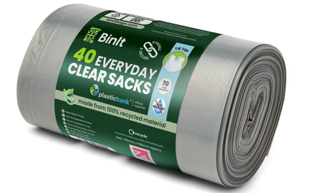 Clear refuse sacks roll of 40, 70-litre capacity, leak and tear-resistant