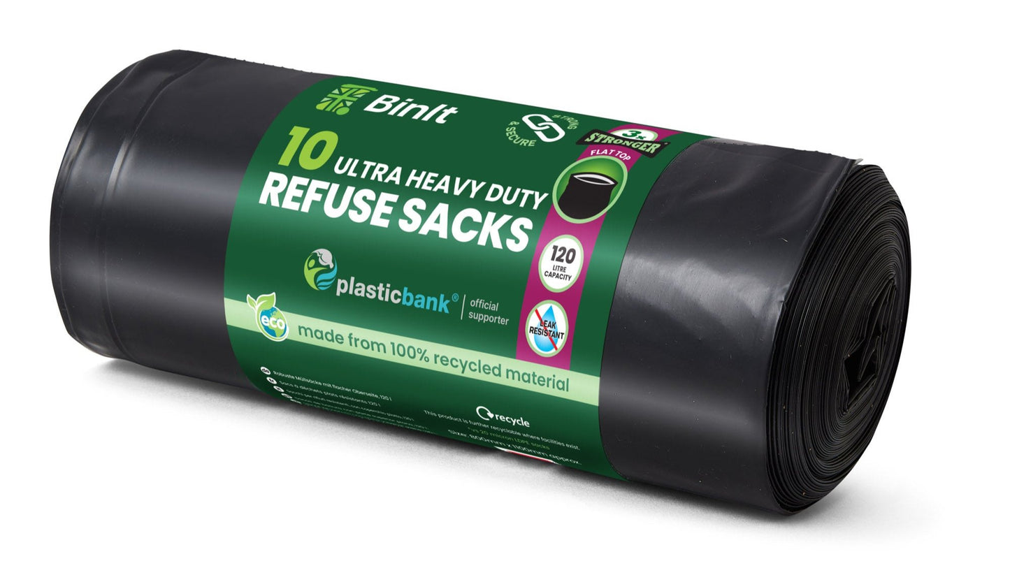 Black ultra heavy duty refuse sacks, 120-litre capacity, supports up to 80kg, roll of 10