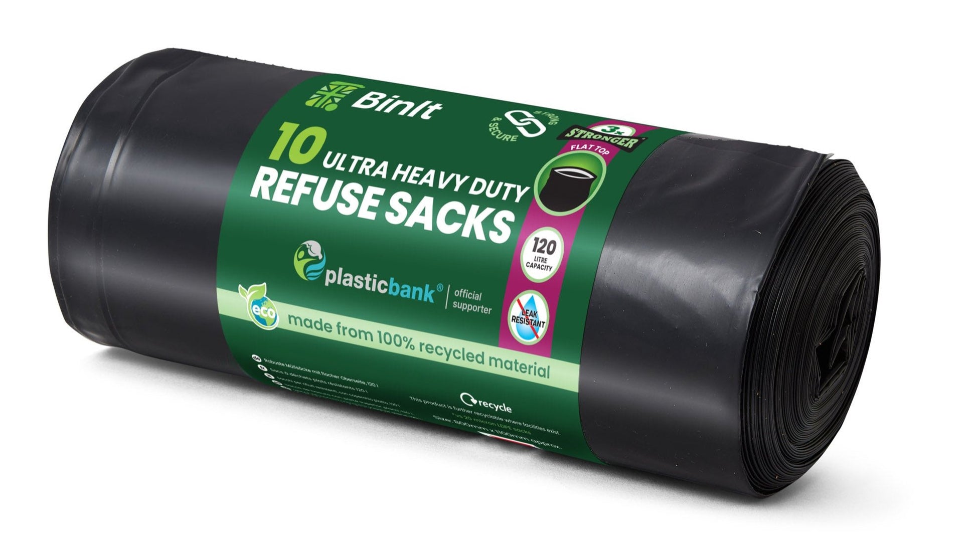 Black ultra heavy duty refuse sacks, 120-litre capacity, supports up to 80kg, roll of 10