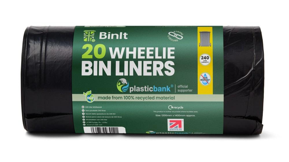 Black wheelie bin liners, 240 litre capacity, roll of 20, leak and tear-resistant