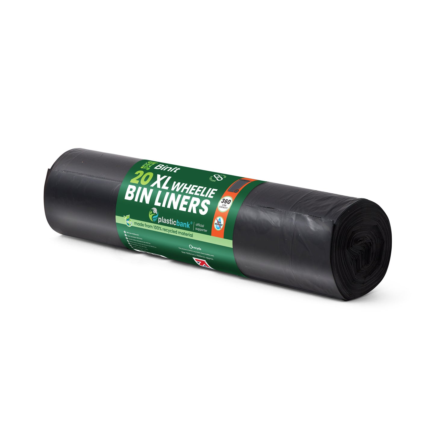 Black XL wheelie bin liners, 360-litre capacity, roll of 20, leak and tear-resistant