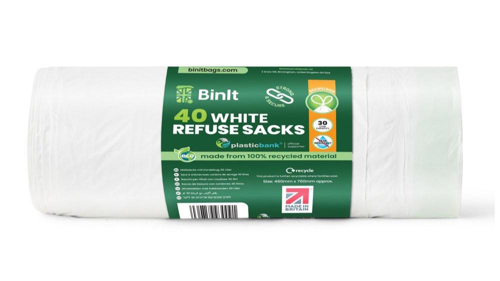 Drawstring white refuse sacks, 30 Litre, roll of 40, leak and tear-resistant,