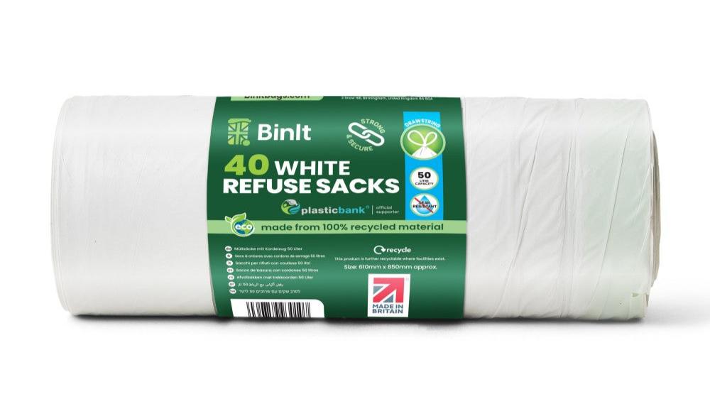 Drawstring white refuse sacks, 50-litre, roll of 40, leak and tear-resistant.
