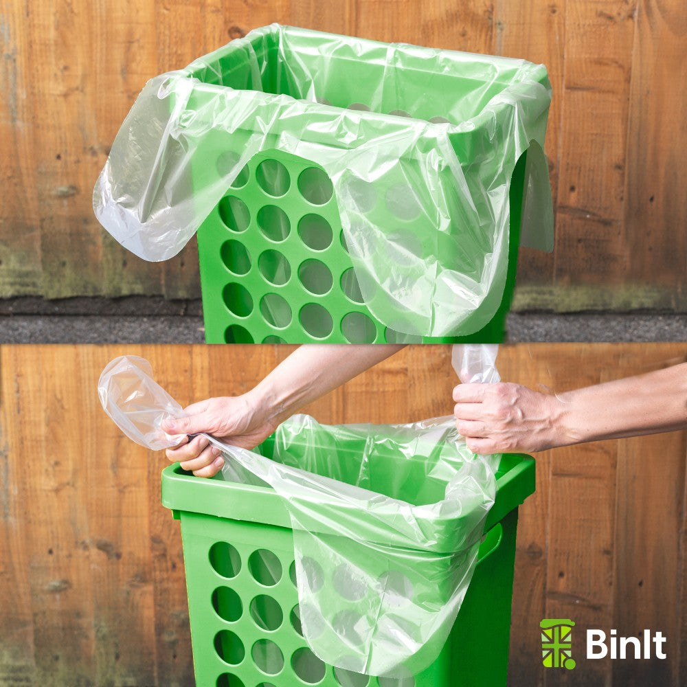 Clear refuse sack in use for office waste disposal, tear-resistant and durable.